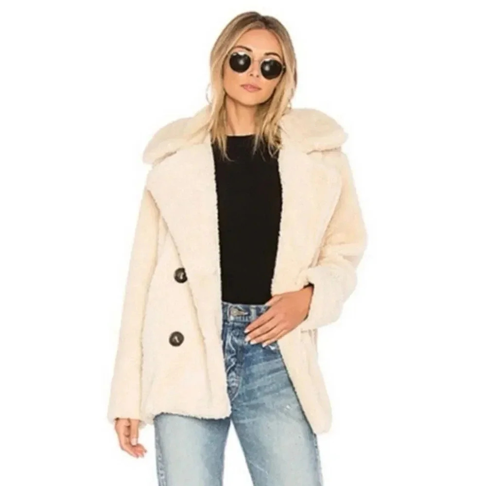 FREE PEOPLE |‎ Teddy Double Breasted Pea Coat Sherpa  Ivory Oversized | Medium